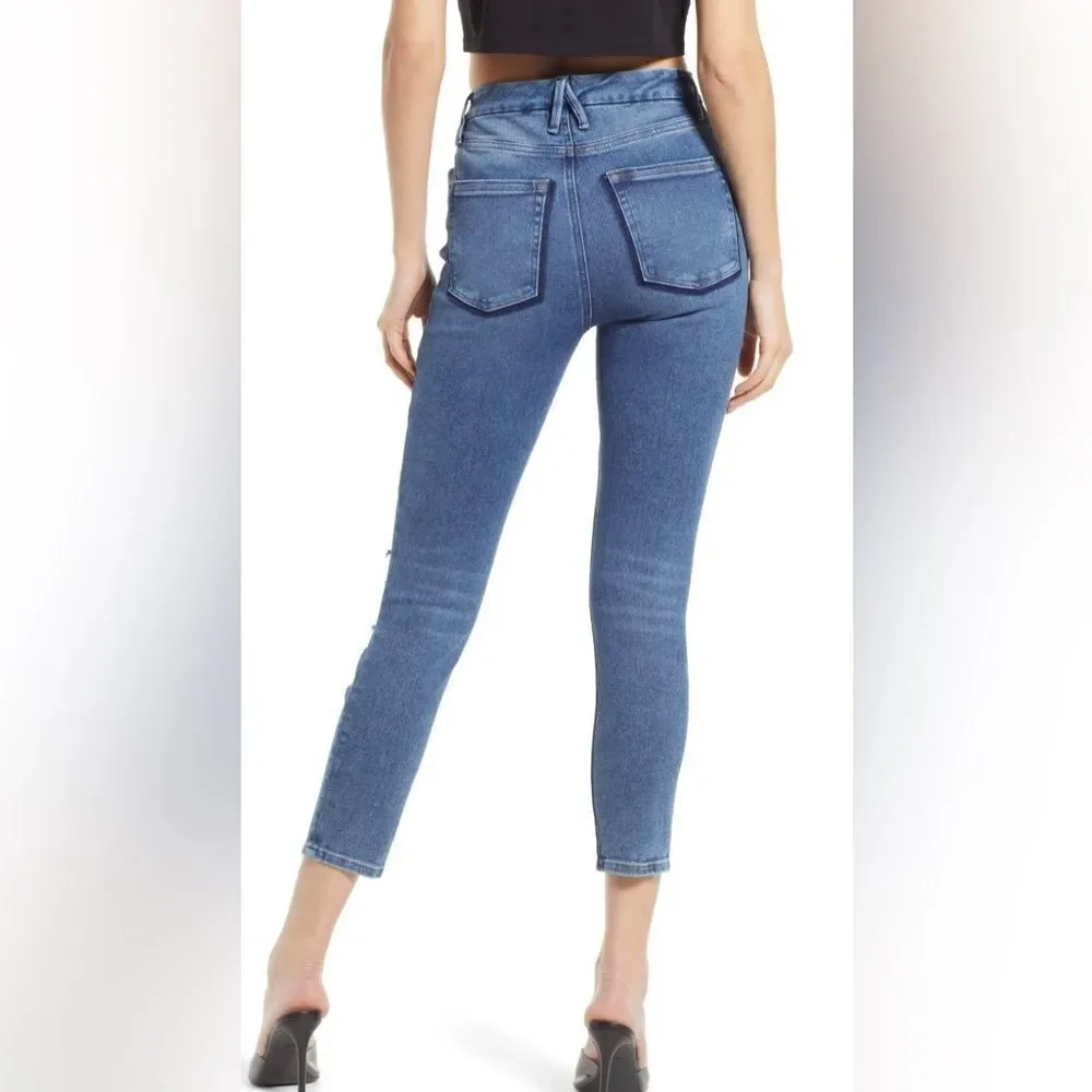 NEW GOOD AMERICAN Good Waist Crop Jean - Shadow Pockets Blue 855 Size 2